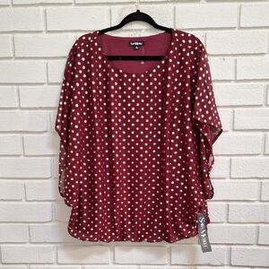 Sara Michelle Maroon Gold Metallic  Polka Dot Tank/¥Overlay Blouse. Size 2X NWT